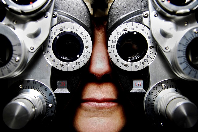 Picture of person with optometrist's machinery over their eyes