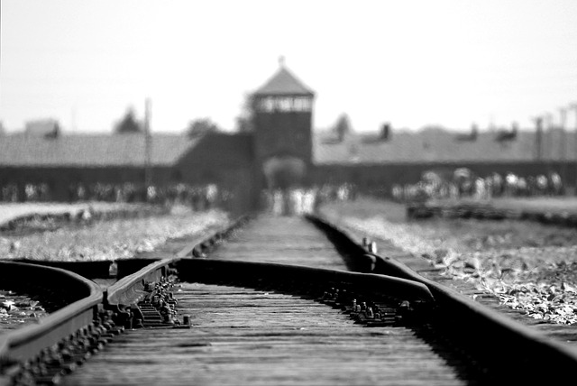 Picture of rail line in front of Auschwitz-Birkenau concentration camp