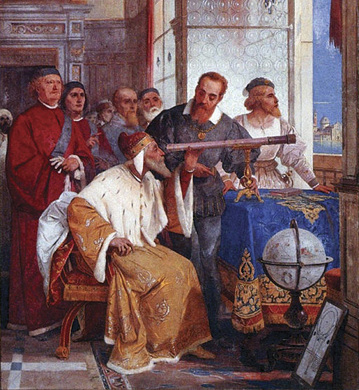Fresco painting of a man sitting and looking through a telescope pointed out a window while other men look on